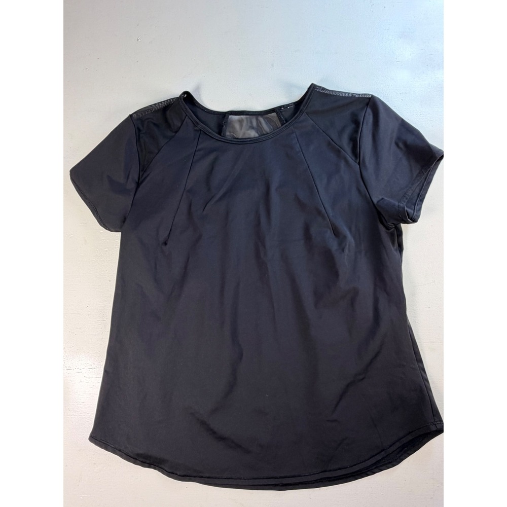 Workout Athletic Top Women Large Black Excellent Mesh Back Short Sleeve Tee